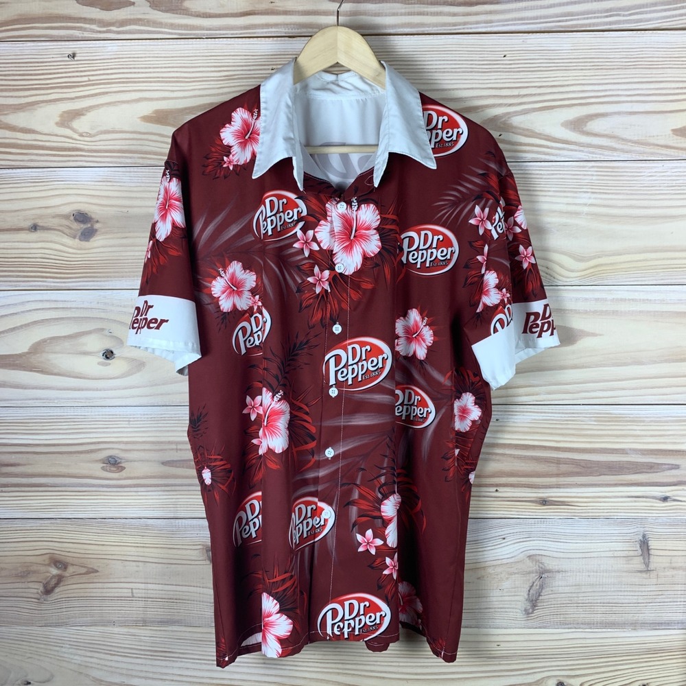 Dr Pepper Shirt Mens XL Maroon Floral Hawaiian Short Sleeve Button Down Soda Pop